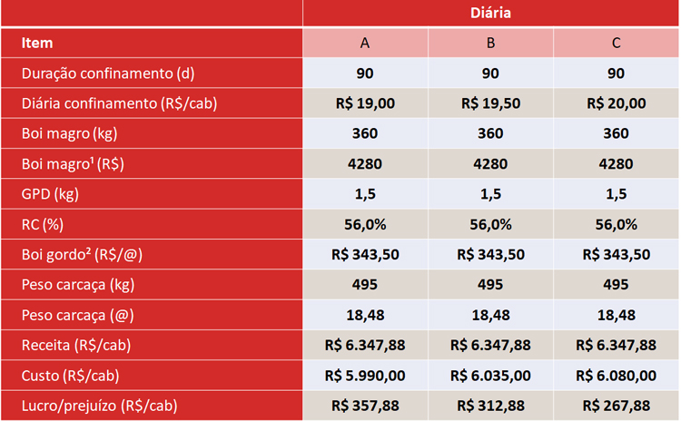 Resultado operacional para o confinamento em sistema de boitel, em São Paulo, considerando a compra do boi magro.